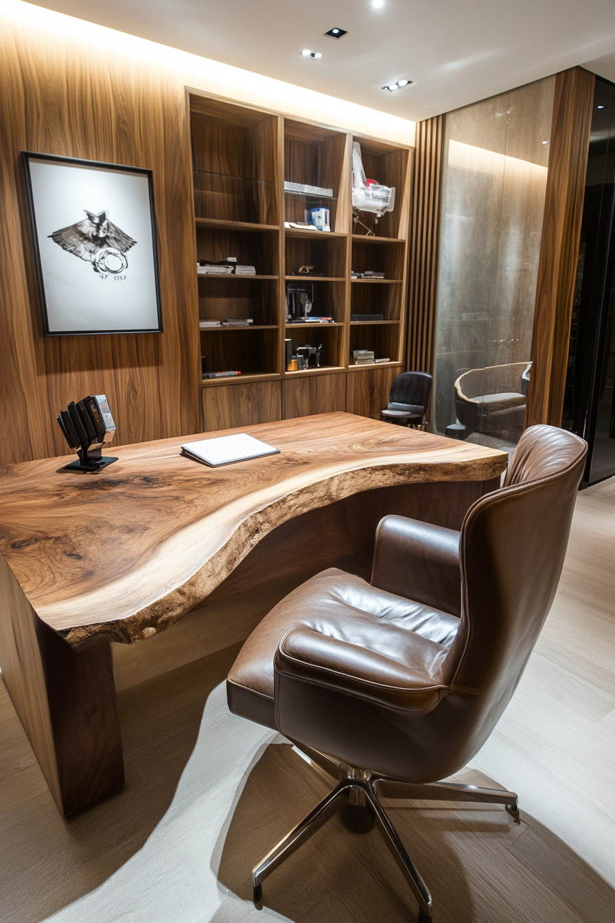 Wide angle view. Upscale mobile workspace. Walnut desk, leather chair.