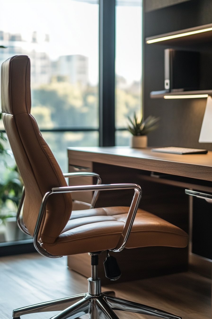 Wide angle view. Leather office chair near walnut desk with steel details in mobile workspace.