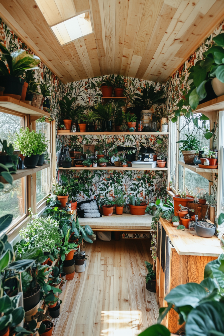 Wide angle view. Tiny house lined with overflowing emerald green indoor plants and botanical-printed wallpaper.