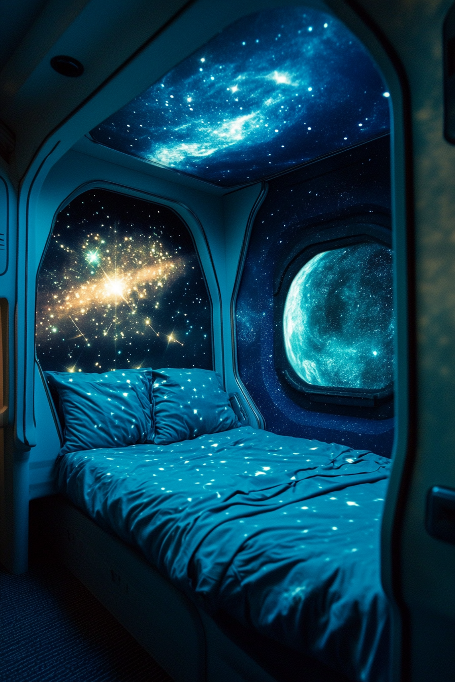 Space-themed sleeping quarters. Wide-angle view with star projections and teal nebula colors.