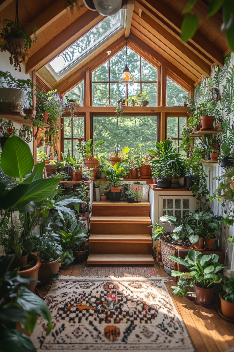 Wide angle view. Tiny house, greenhouse windows, botanical wallpaper, abundant indoor plants.