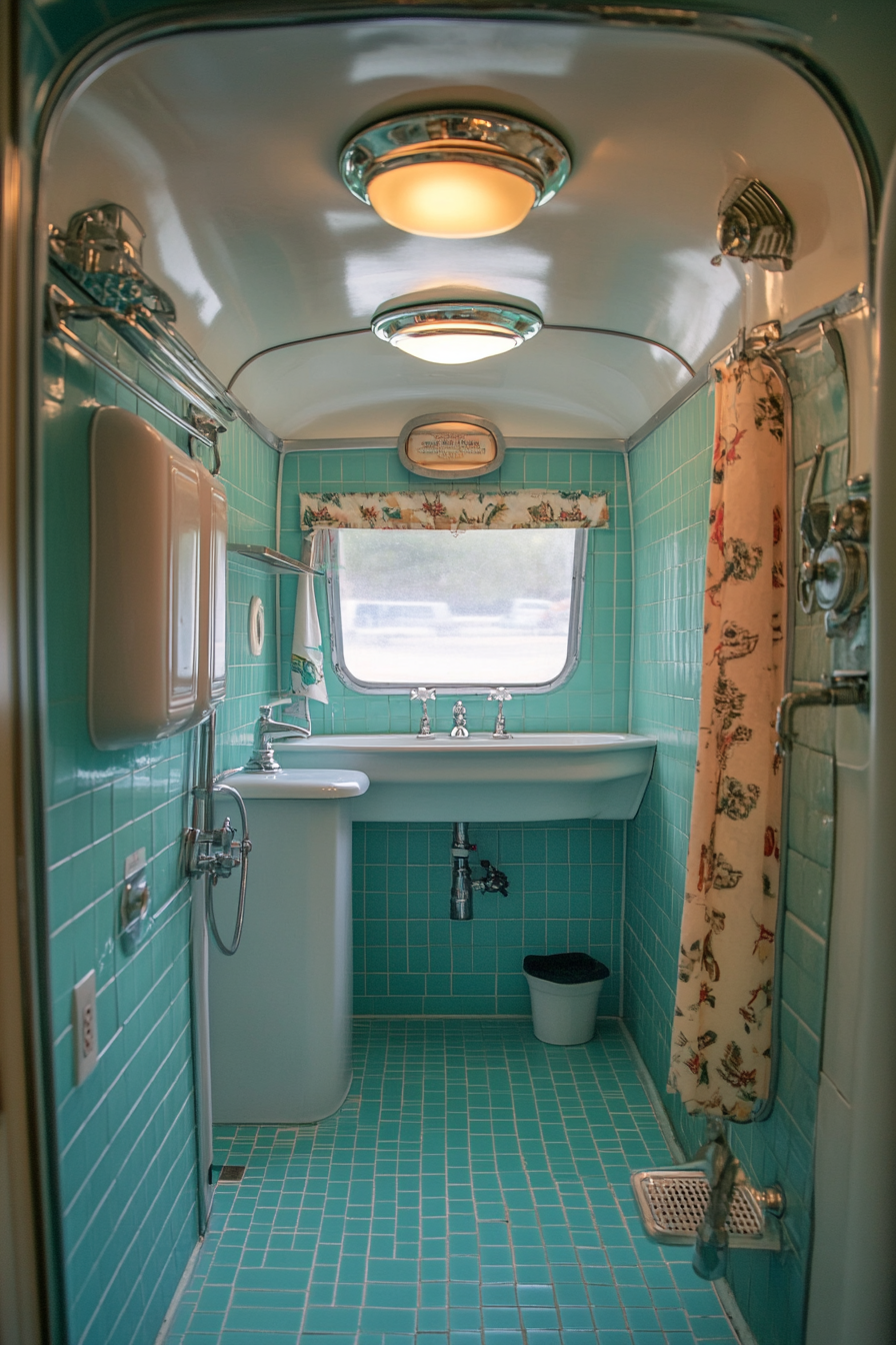 1950s RV bathroom. Wide-angle view, aquamarine vintage tile patterns, classic porcelain fixtures.