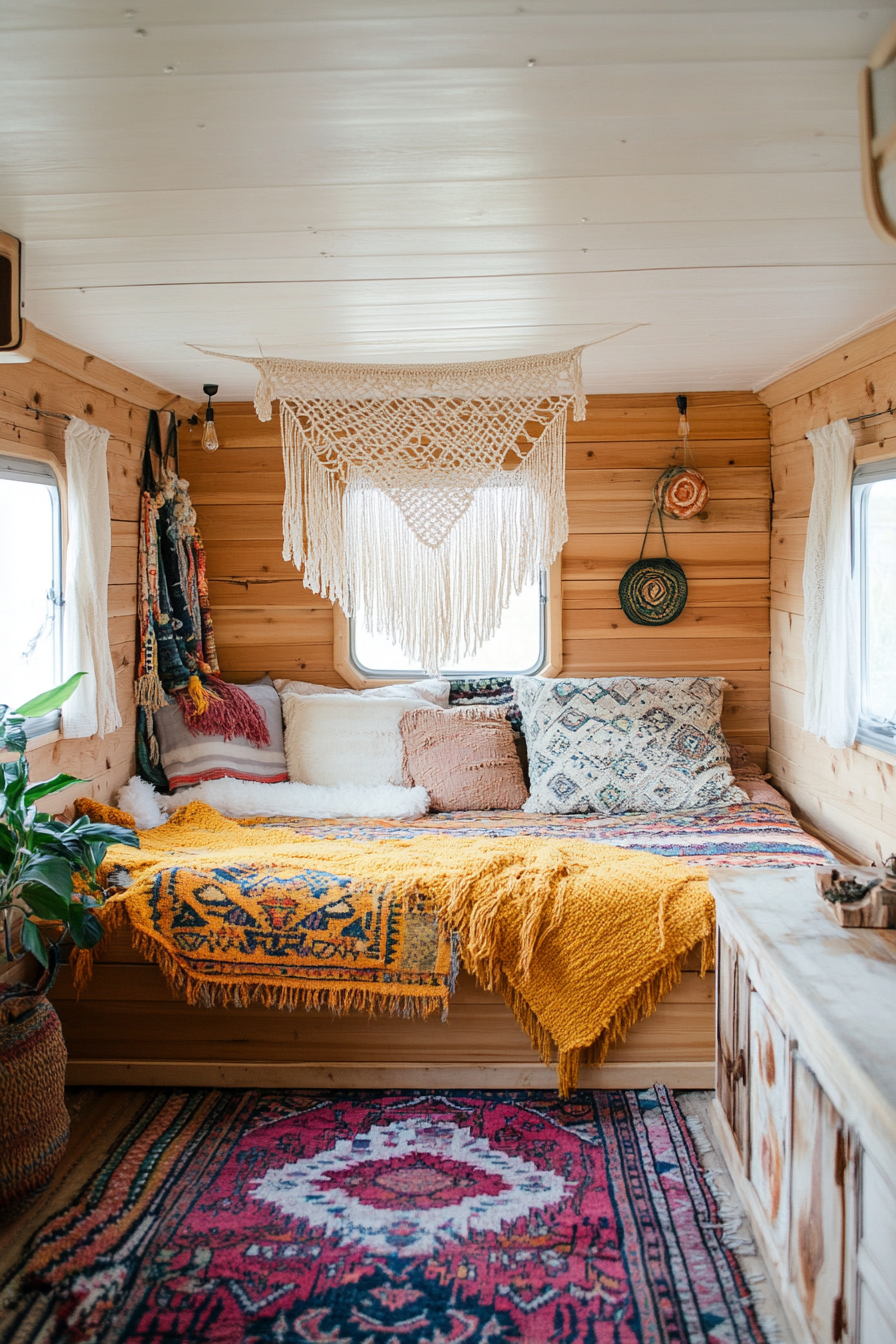 Natural mobile home. Light wooden wall, colorful bohemian rug, hanging over-sized macrame.