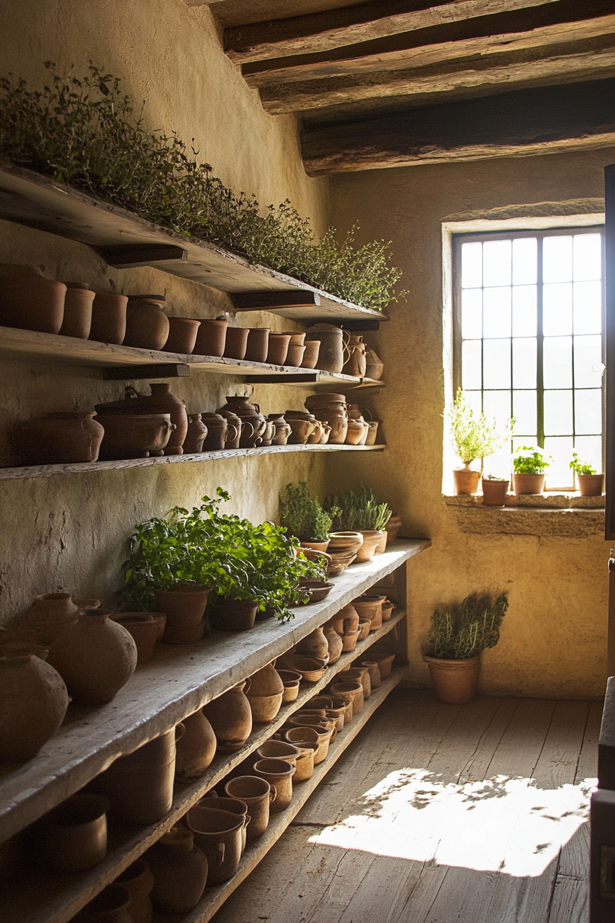 Provincial cooking space. Herbs drying on wooden racks, terra-cotta pottery lining old oak shelves.