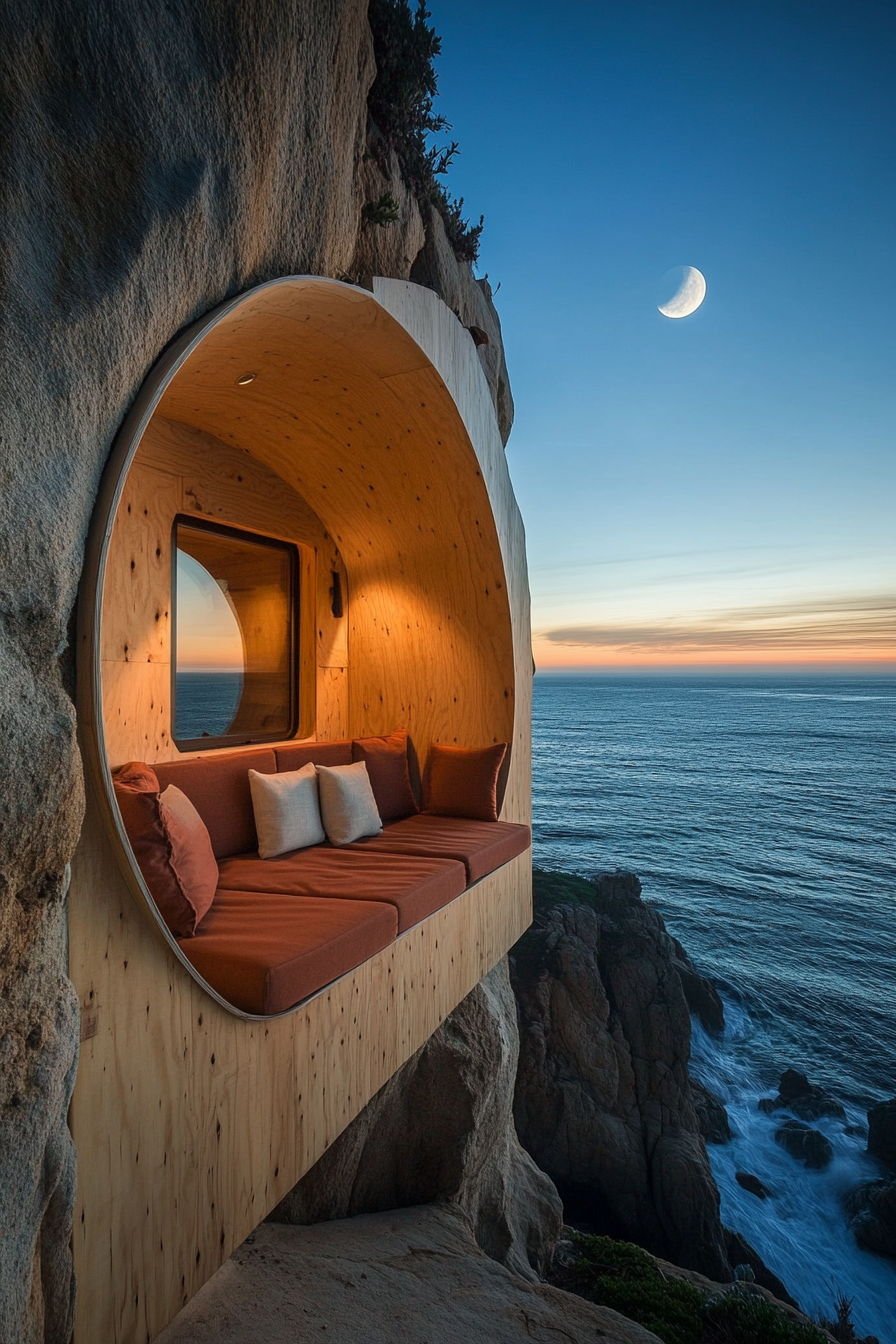 Wide angle view. Cliff-side tiny home with built-in seats, panoramic ocean scape.