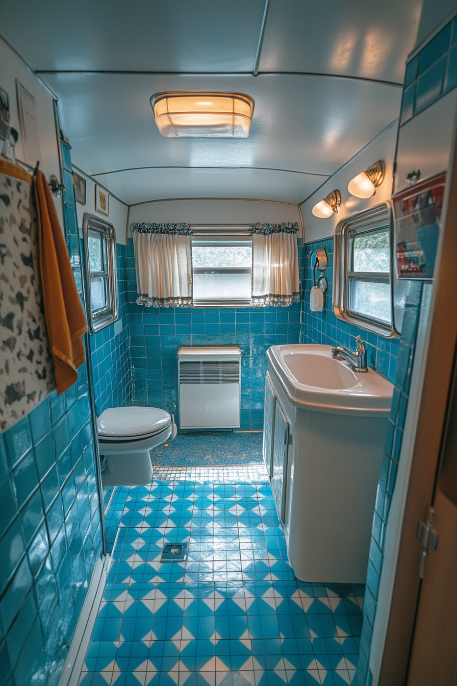 Wide angle view of 1950s RV bathroom. Vintage blue and white tile patterns, nickel fixtures.