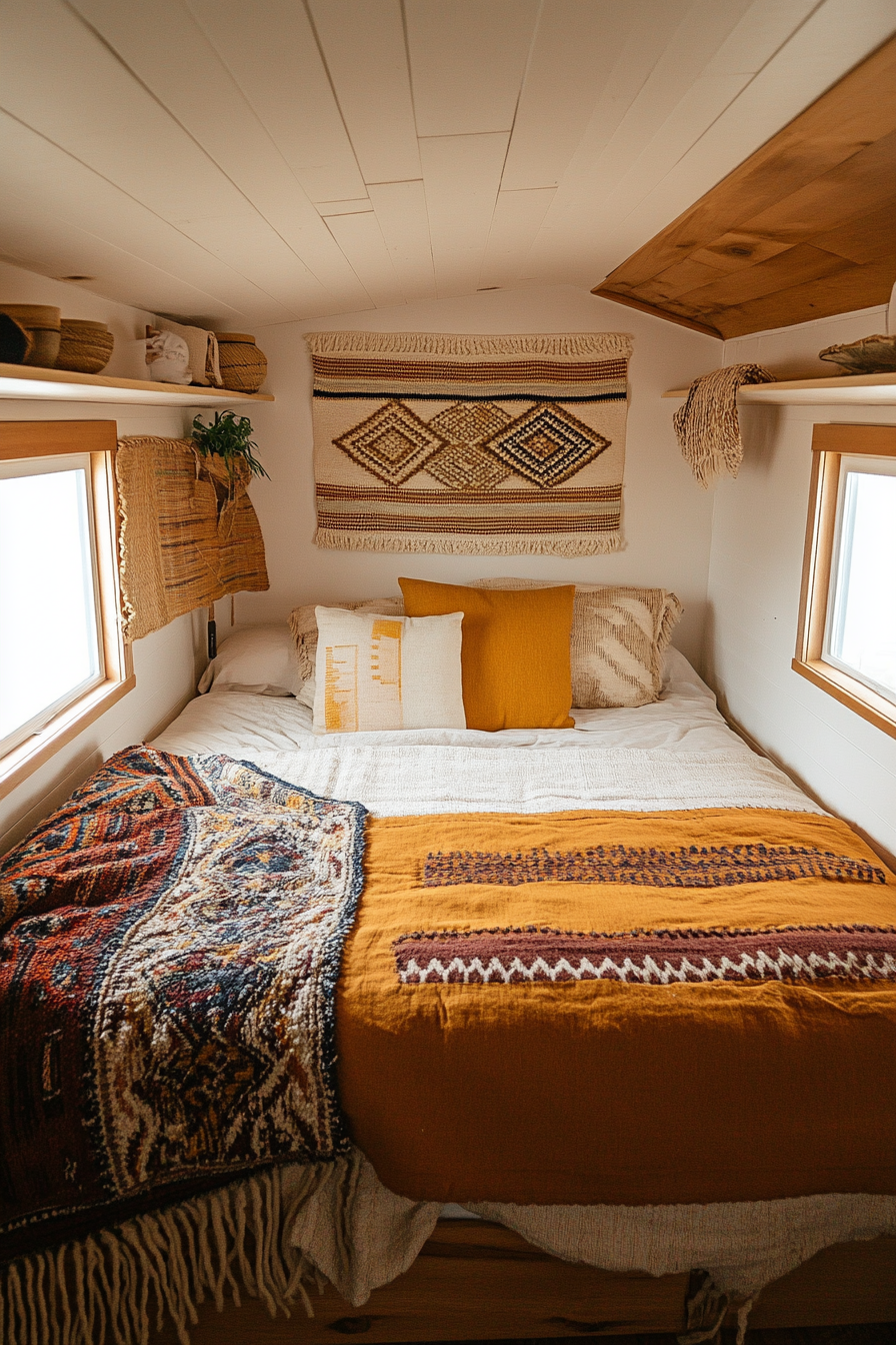 Southwestern tiny house bedroom. Wide angle, earth tones, woven wall art.