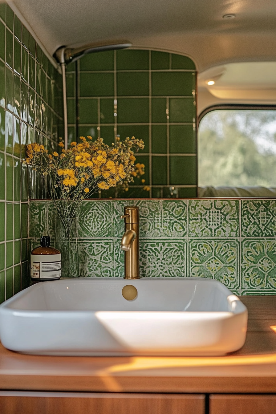 Mid-century camper bathroom. Retro tiles pattern with brass faucet.