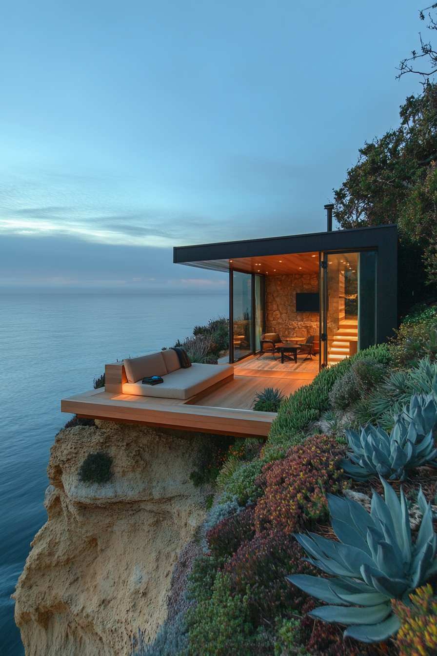 Wide angle view. Sleek tiny home on clifftop with panoramic ocean-view and built-in seating.