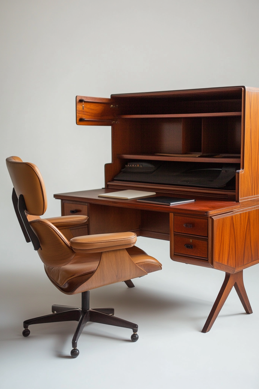 Professional mobile workspace. Teak escritoire with Eames-inspired leather armchair.