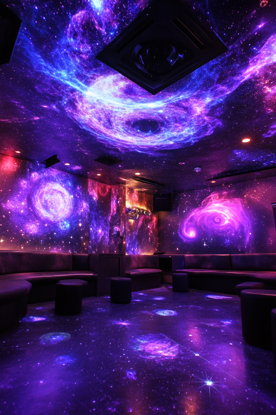 Wide angle view. Space-themed quarters, purple nebula accents, and projected star patterns.