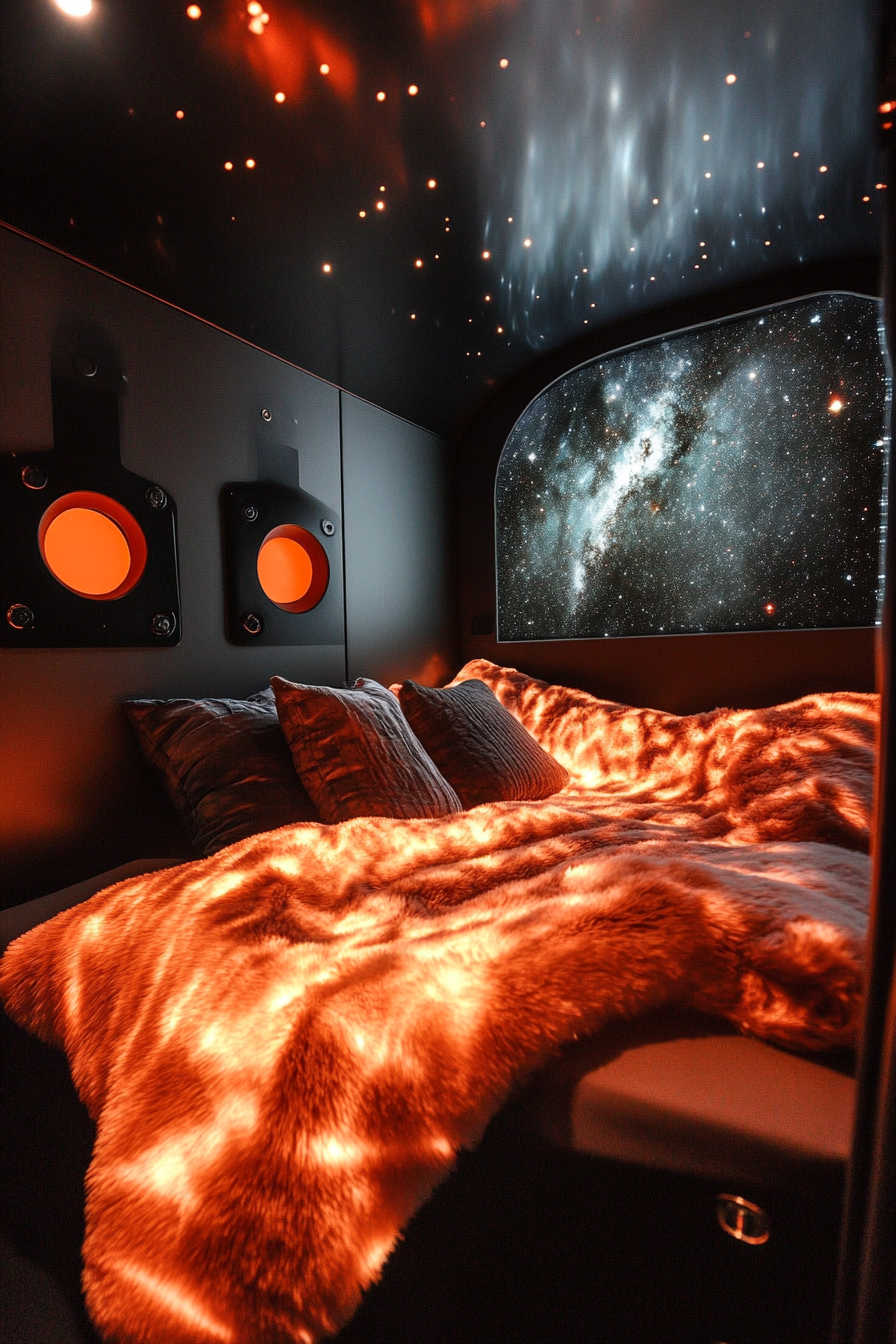 Sleeping quarters view. Galactic fur duvet, holographic black fluid wall, orange star projector.