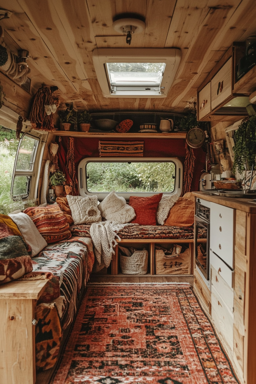 Wide angle view. Natural mobile home with light woods and organic textiles.