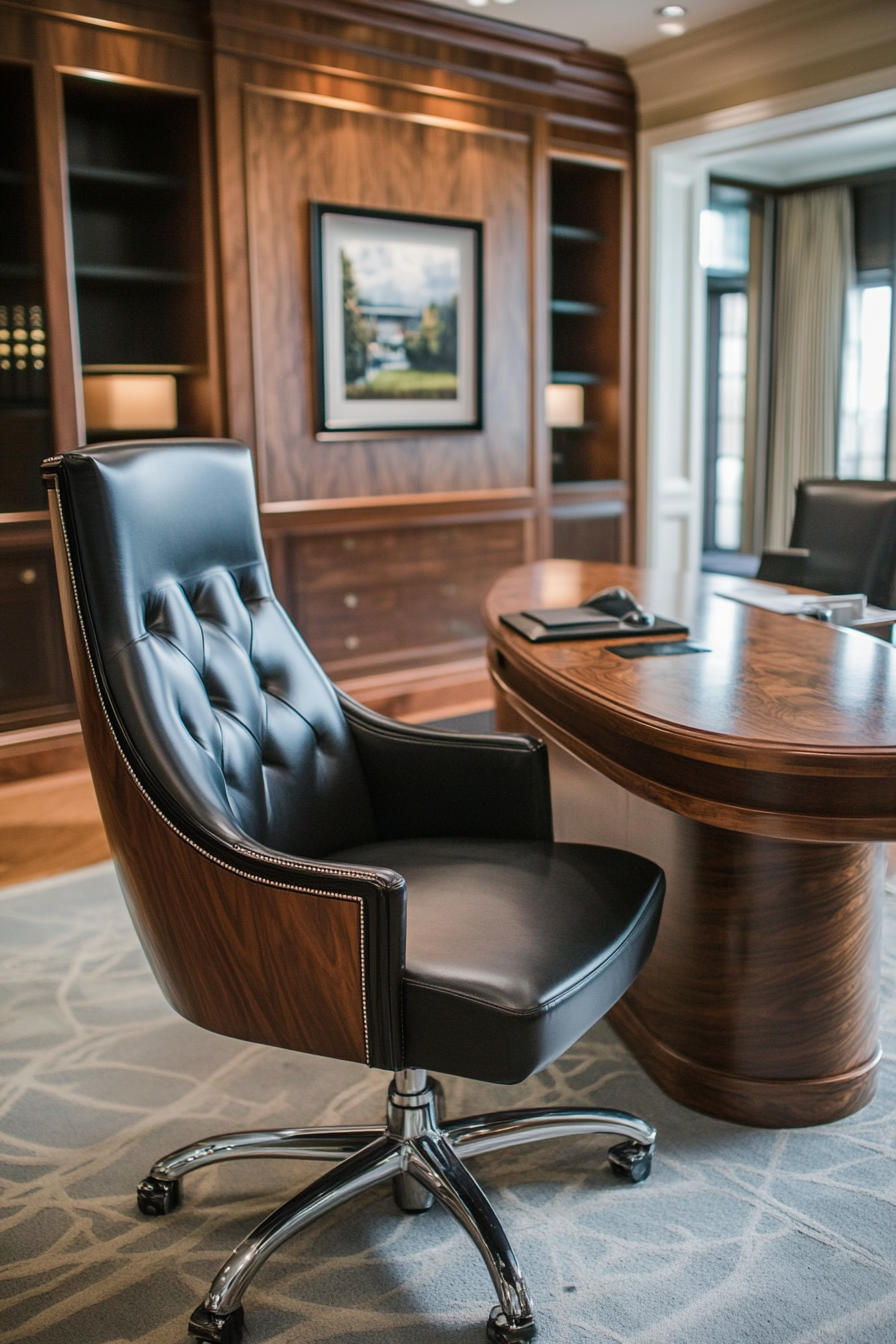 Wide angle view. Upscale mobile workspace featuring black leather chair and walnut executive desk.