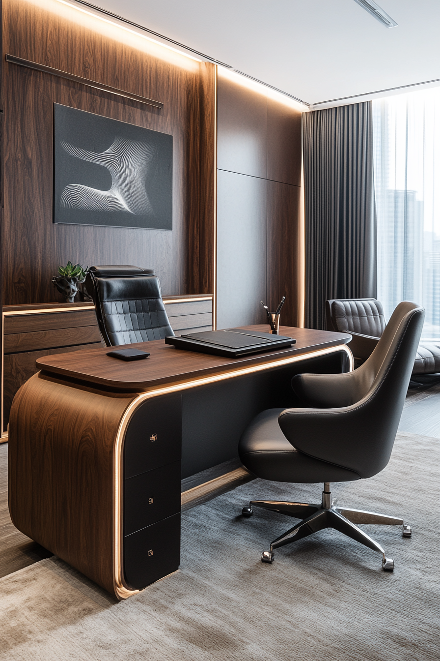 Wide angle view. Upscale mobile workspace with walnut counterparts, black leather executive chair, and accessories.