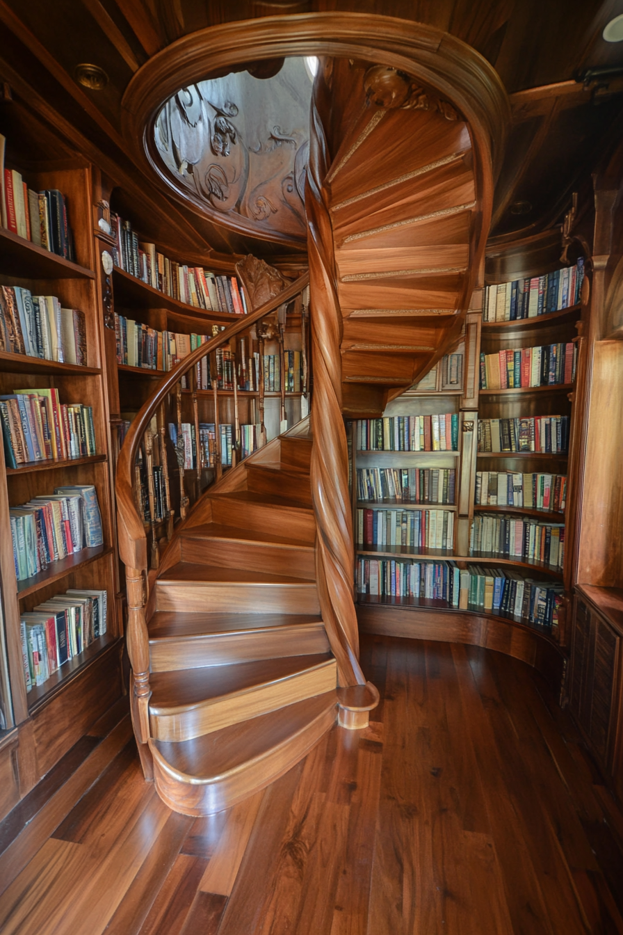 Wide angle view. Storybook-inspired mobile library with spiral staircase and mahogany bookshelves.