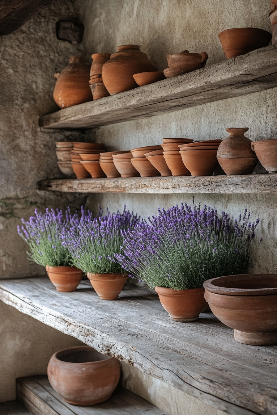 Provincial cooking space. Lavender drying, array of terracotta pottery on wooden shelves.