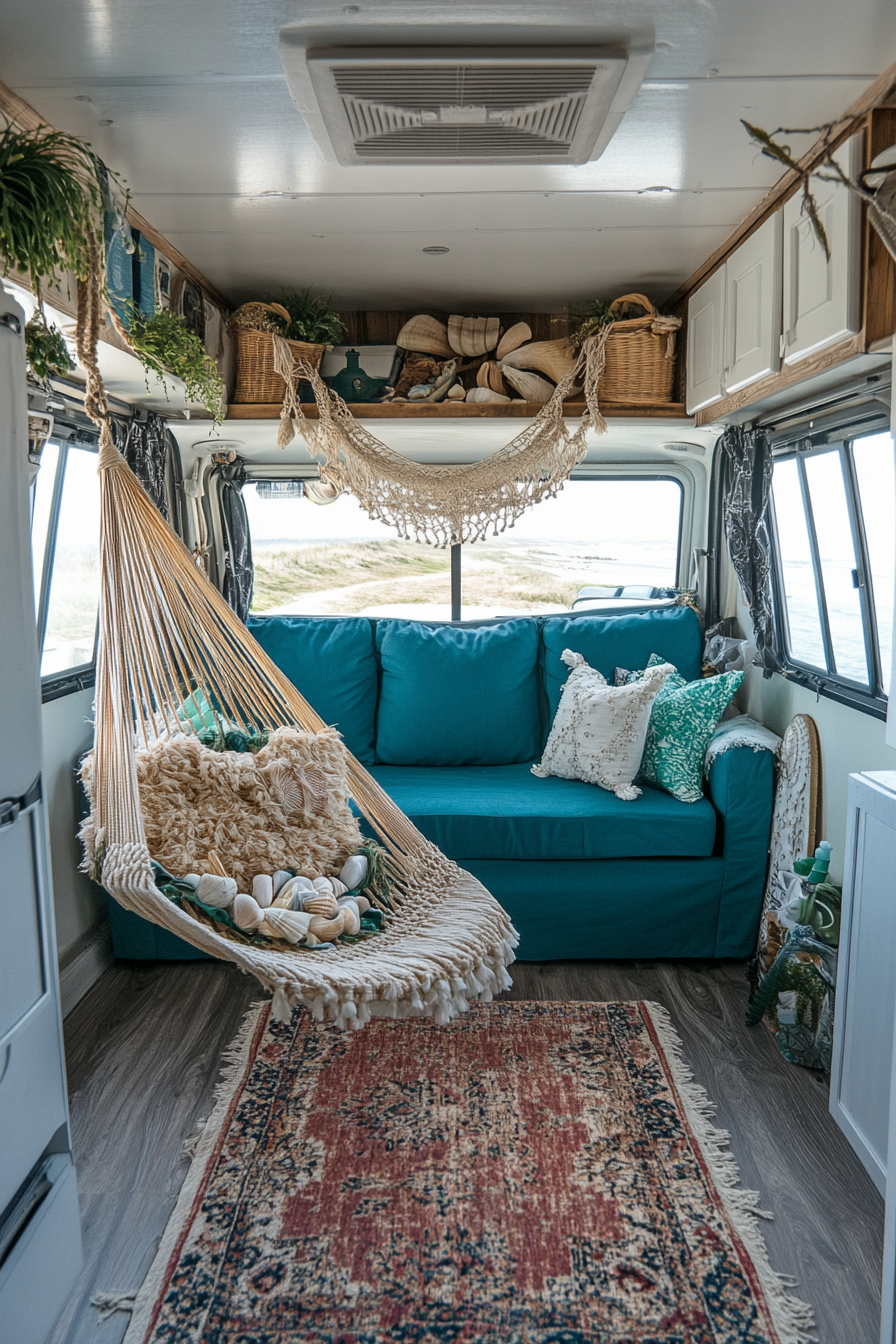 Wide angle view of coastal RV. Natural-fibered hammock, shell collection, and teal blue love seat.