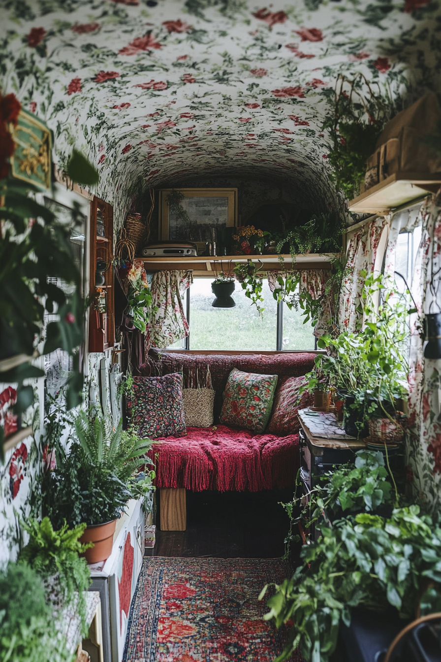 Wide angle view. Tiny house. Mostly filled with ferns, with flower-patterned wallpaper.