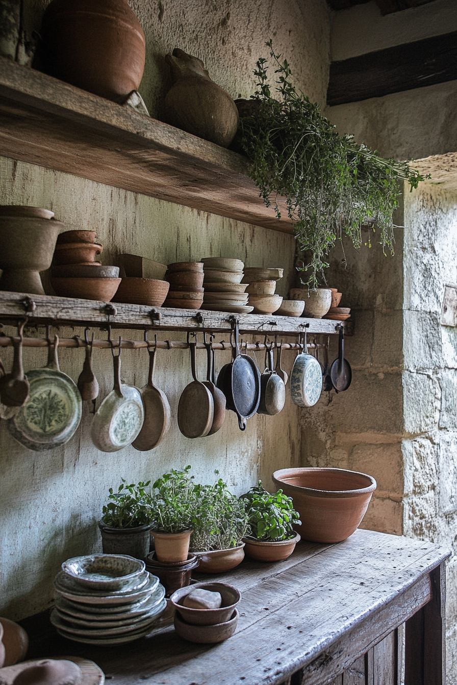 Provincial cooking space. Herb-drying rack and pottery lined aged wooden shelves.