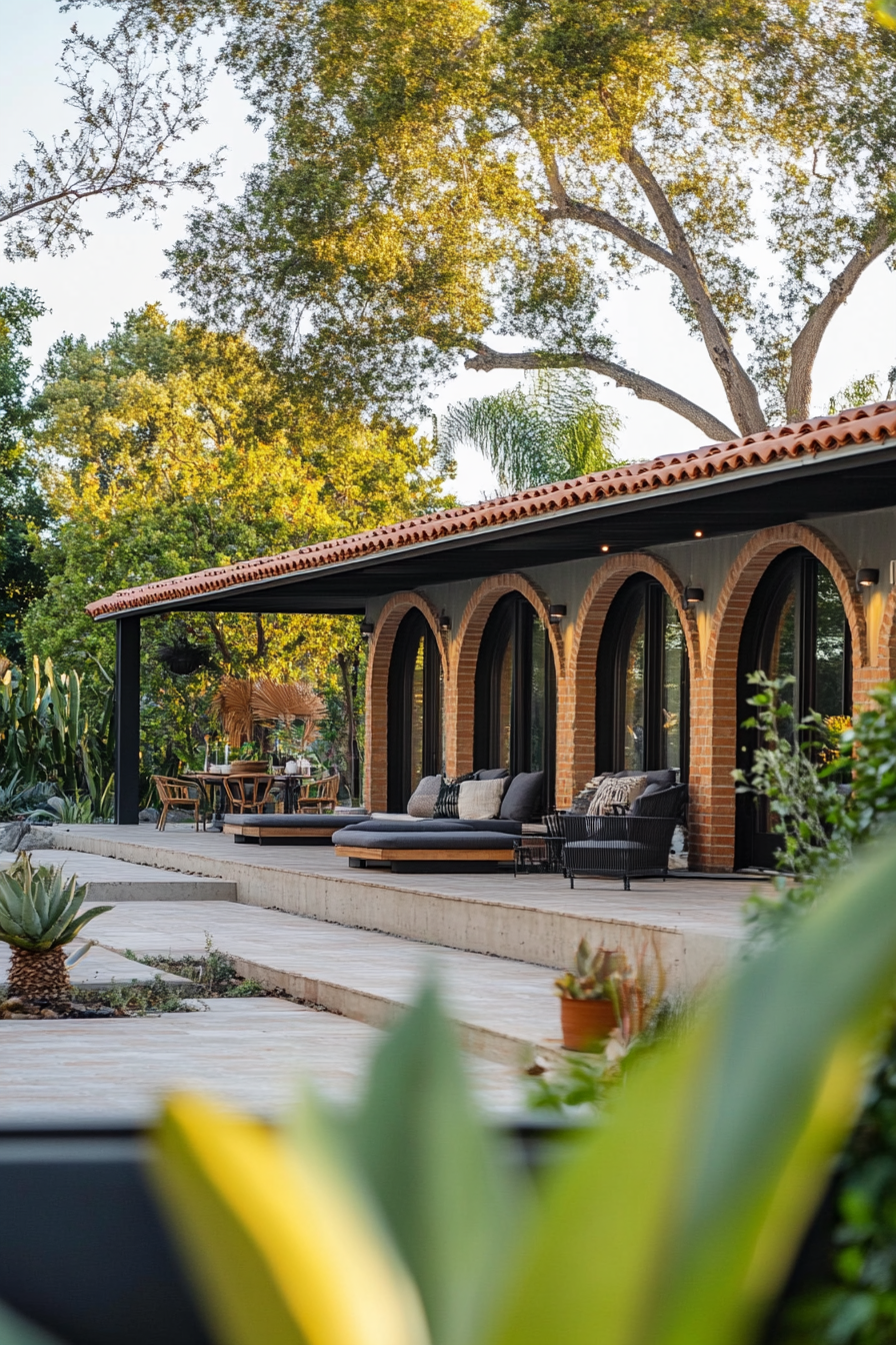 Wide angle view. Mobile home. Terra cotta accents with dark, sophisticated arched details.