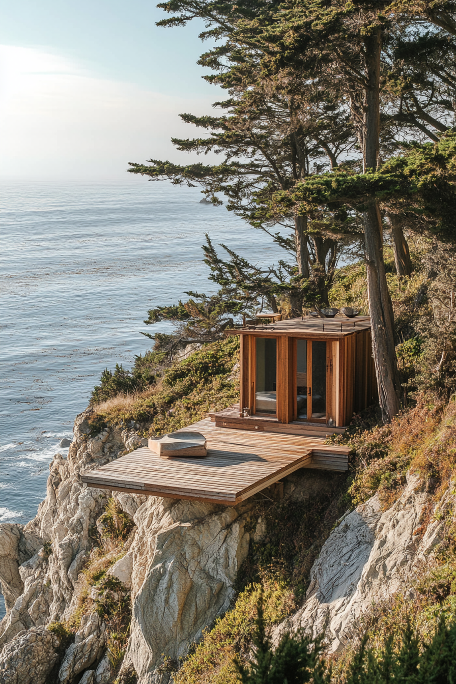 Wide angle view. Tiny home platform, clifftop panoramic ocean view, with integrated seating.