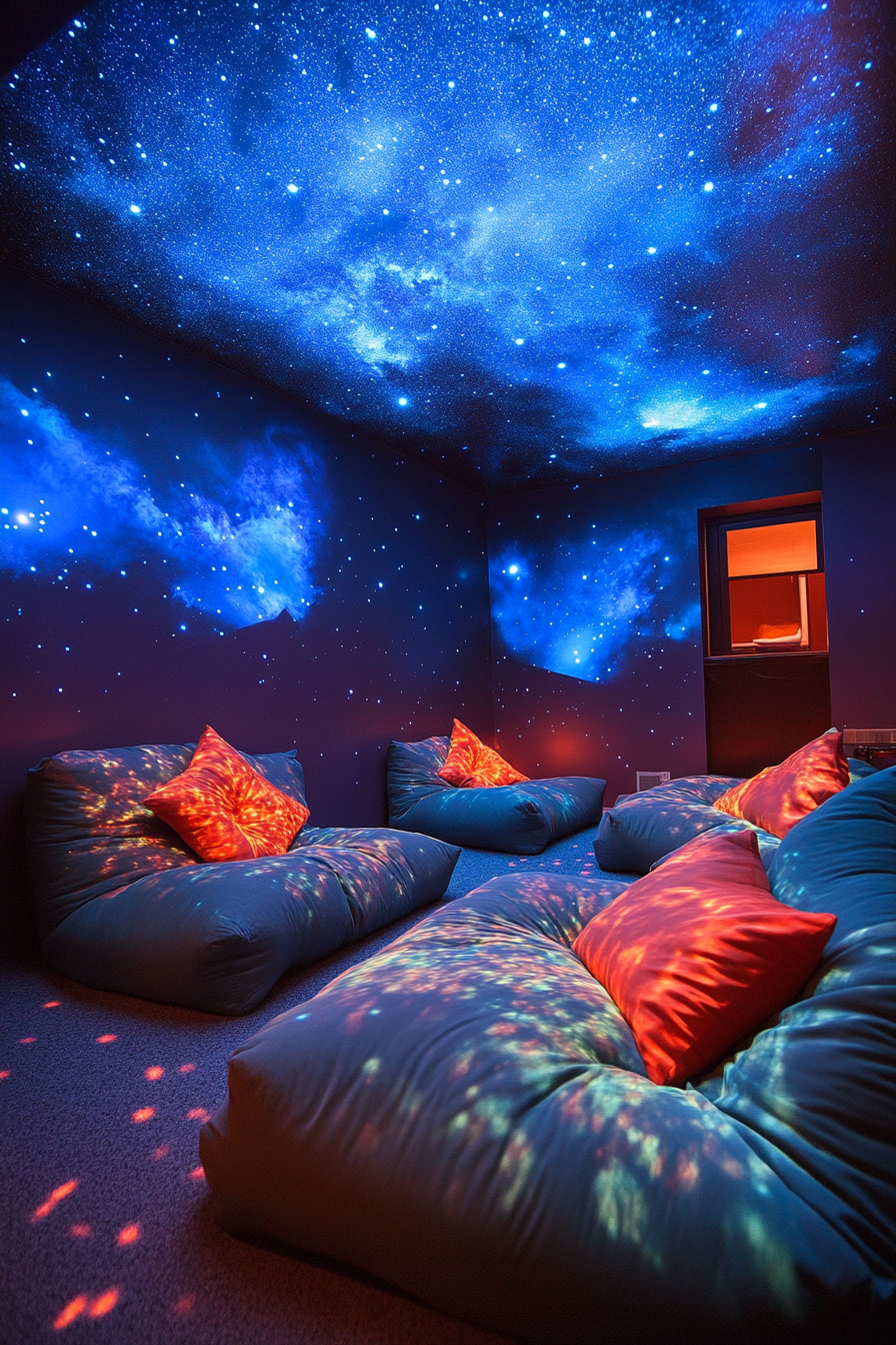 Space-themed sleeping quarters. Nebula-colored bean bags and star projections on ceiling.