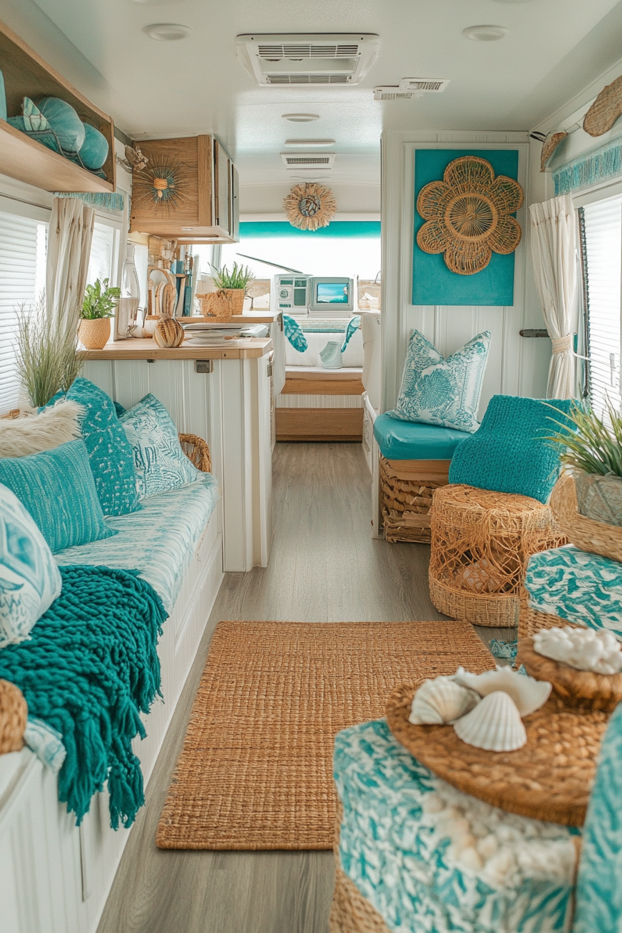 Coastal-inspired RV. Wide angle view featuring rattan furniture, seashell collection, and turquoise accents.