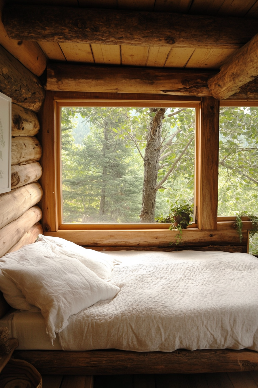 Natural tiny house bedroom. Log frame bed with organic linen in minimalist design.