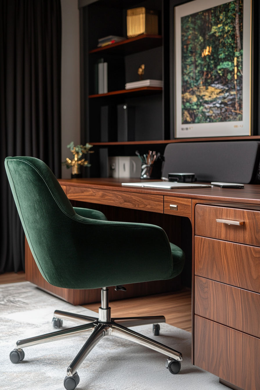 Wide angle view. Wood desk with dark green fabric office chair in a professional mobile workspace.