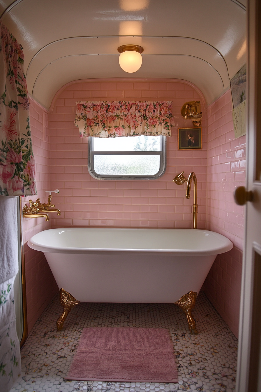 Wide-angle view. 1950s RV bathroom. Vintage pink tile, brass fixtures, claw-foot tub.