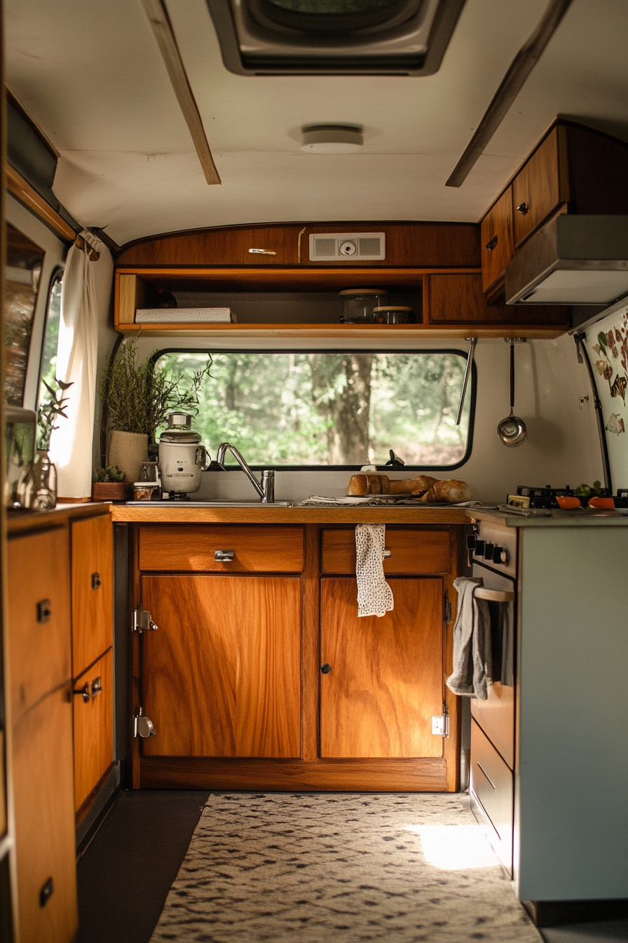 Wide angle view. Classic camper kitchen with teak cabinets and retro-inspired hardware.