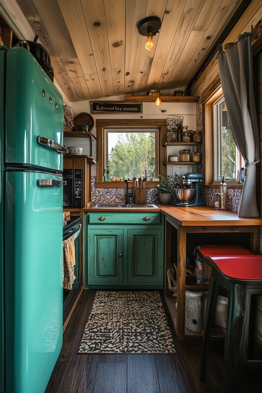 Wide angle view. Tiny house kitchen. Teal retro refrigerator and mahogany cabinets.