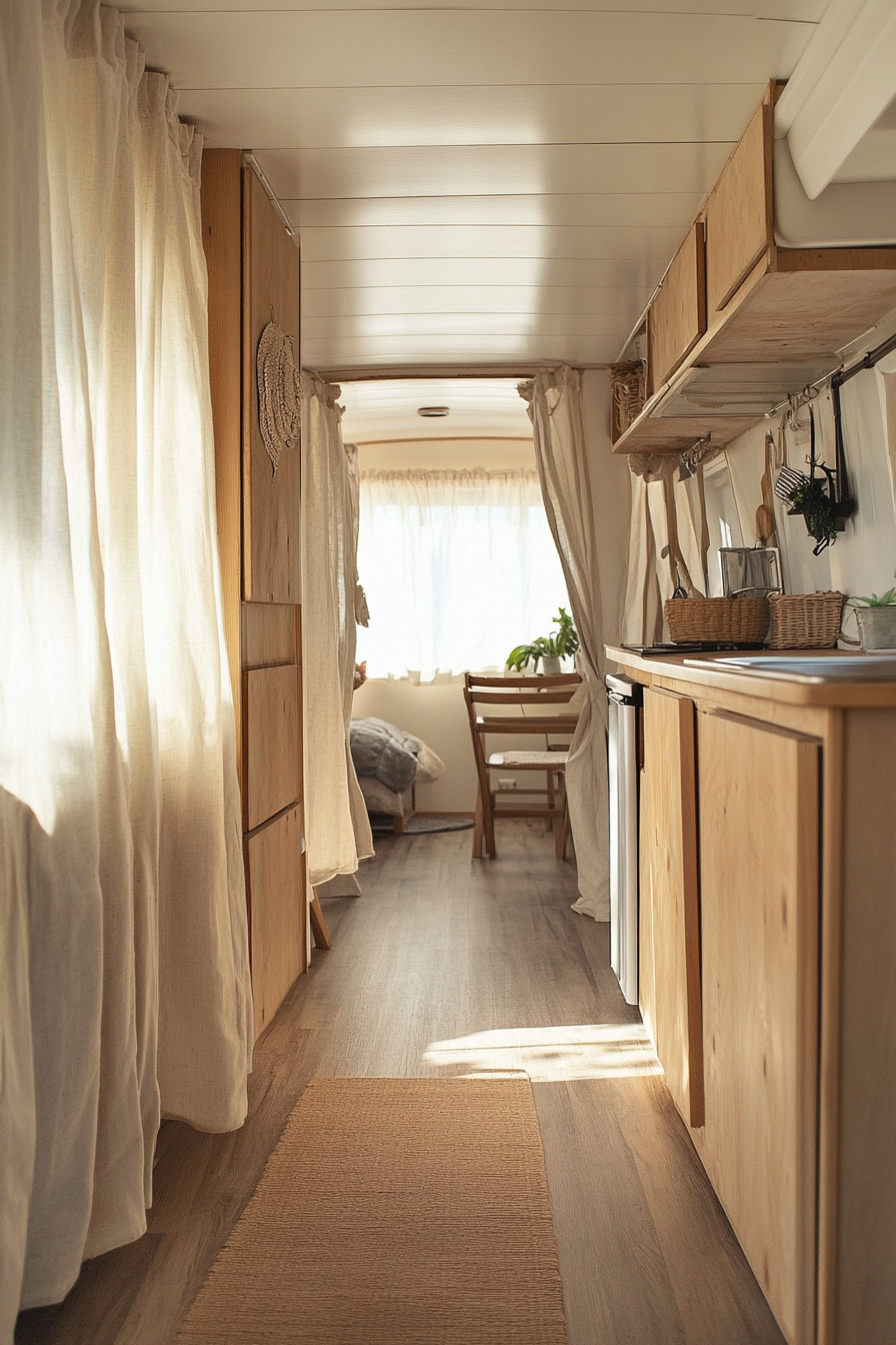 Wide angle natural mobile home. Light wood cabinetry, organic linen curtains.