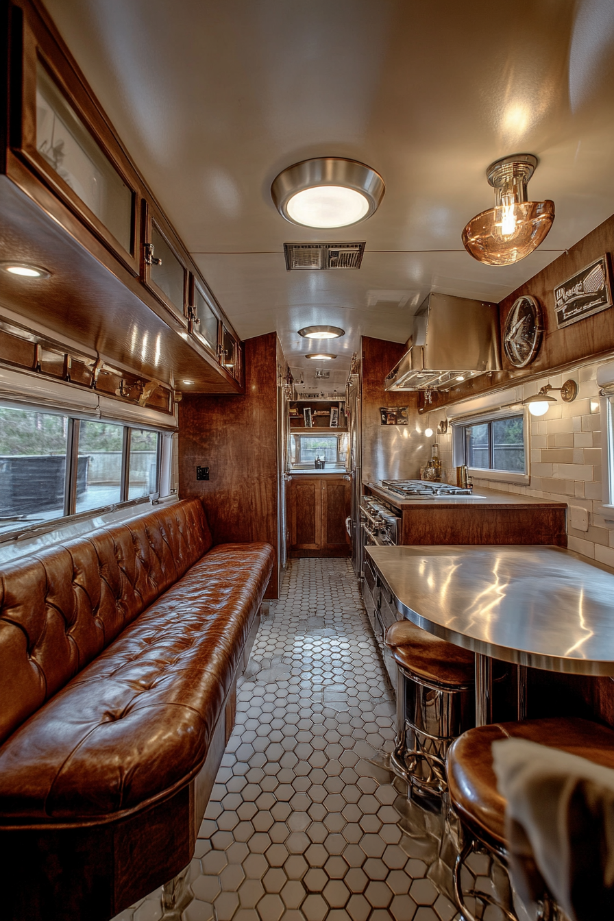 Wide angle view. Americana tiny house kitchen. Chrome details, booth seating.