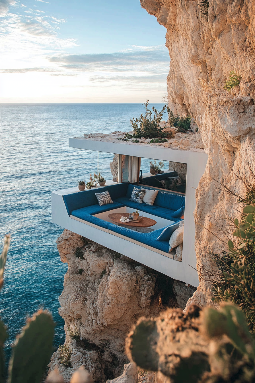 Sleek tiny home. Perched clifftop, ocean view, built-in seating, blue and white color scheme.