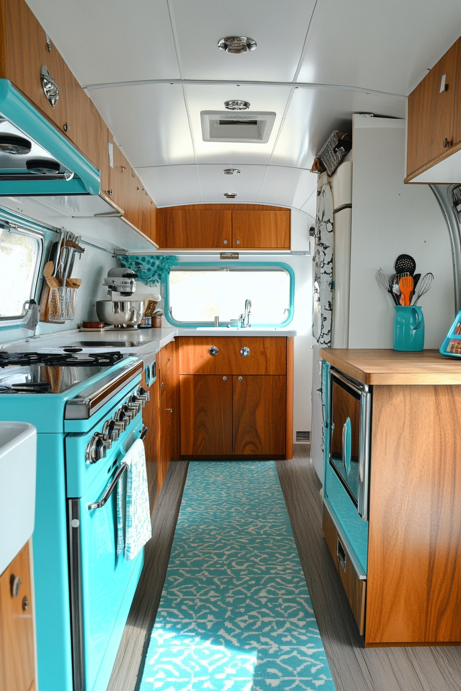 Wide angle view. Classic camper kitchen with teak cabinets and turquoise retro-inspired hardware.