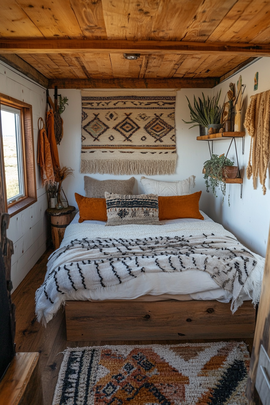 Wide angle view. Southwestern tiny house bedroom. Ancestral woven wall art. Alternating neutral earth tones.