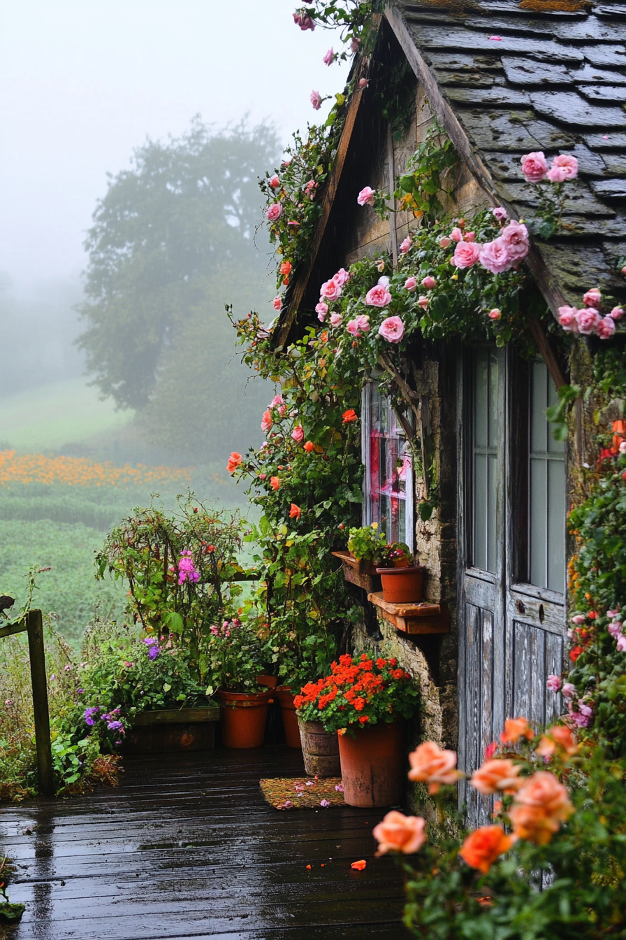 English countryside. Foggy morning on a rose-twined tiny house deck filled with flowers.