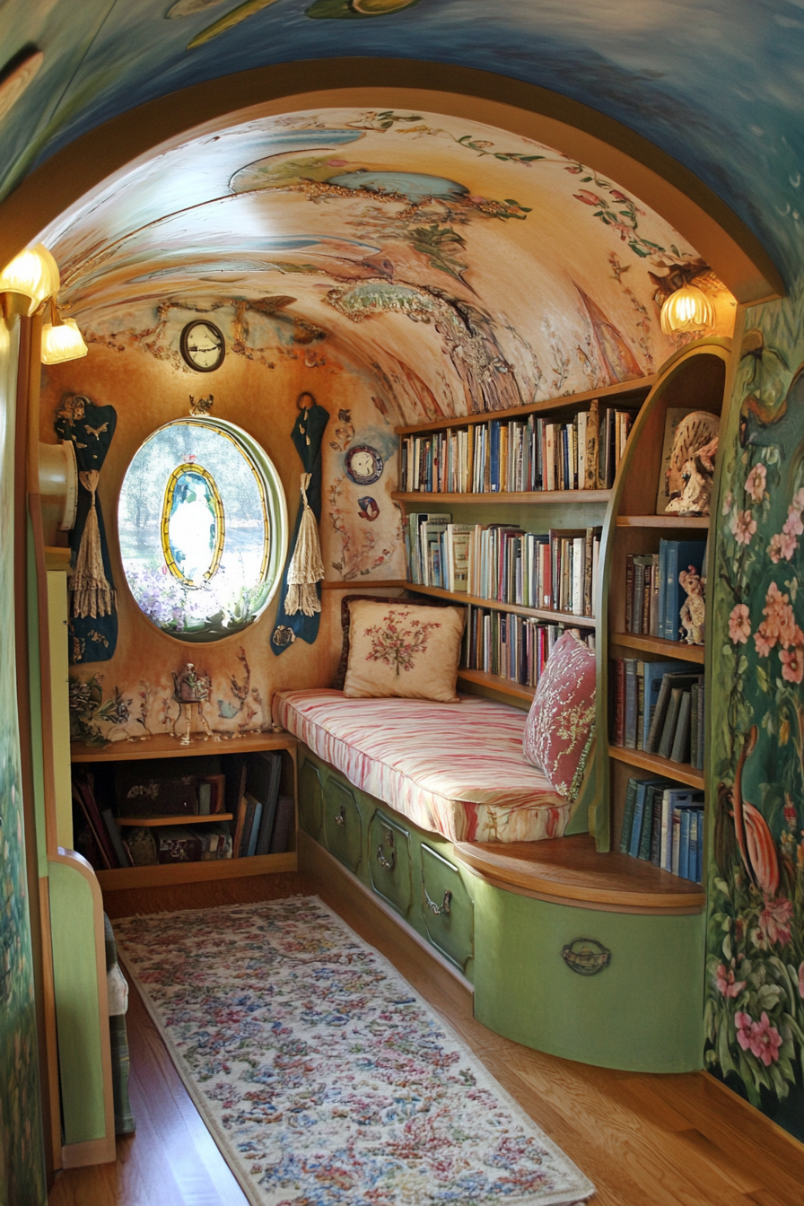 Wide angle view. Whimsical mobile library, hidden cubbyholes, vintage books, fairy tale murals.