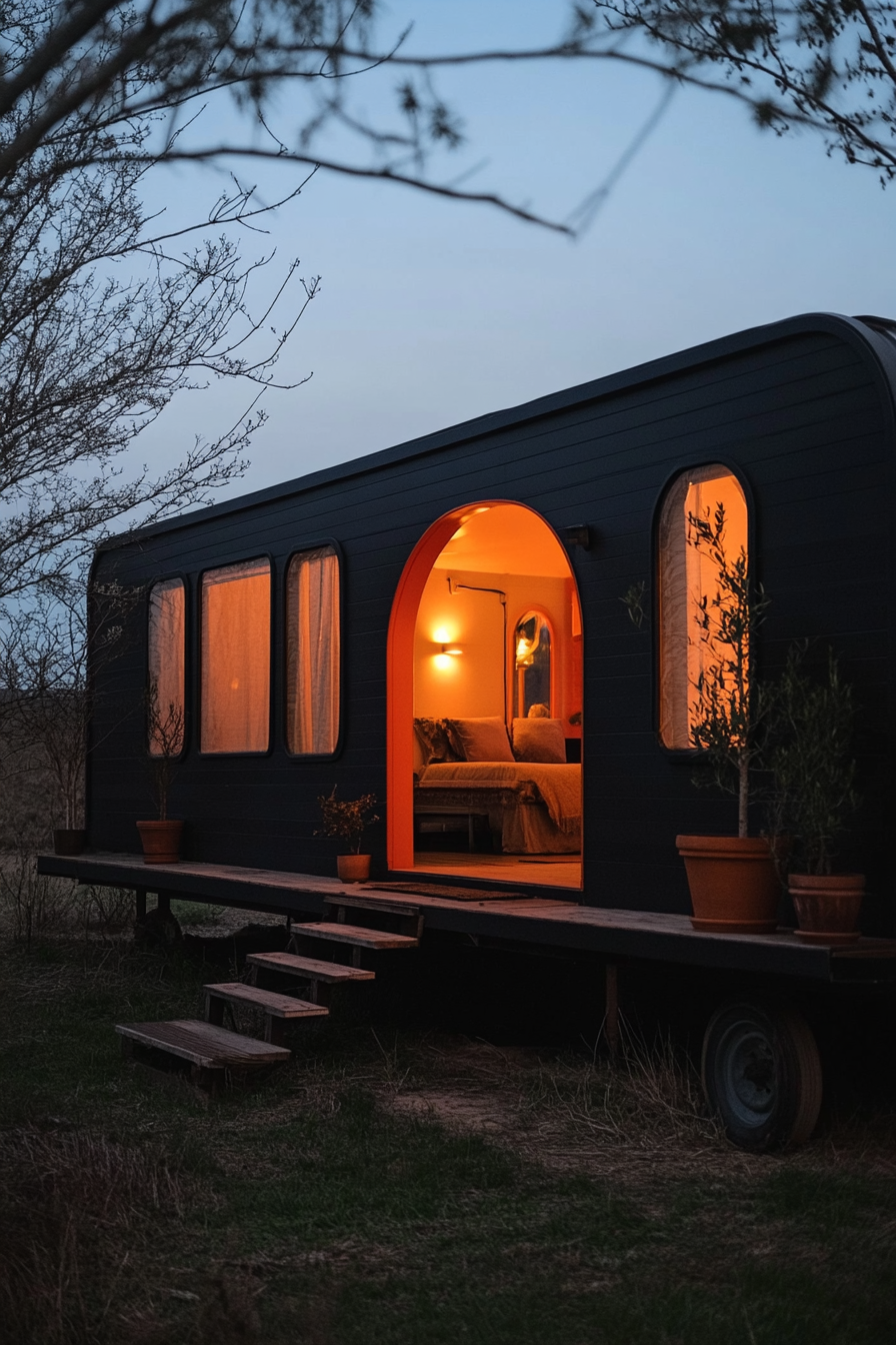 Wide angle view. Dark mobile home, arched details, terra cotta accents.