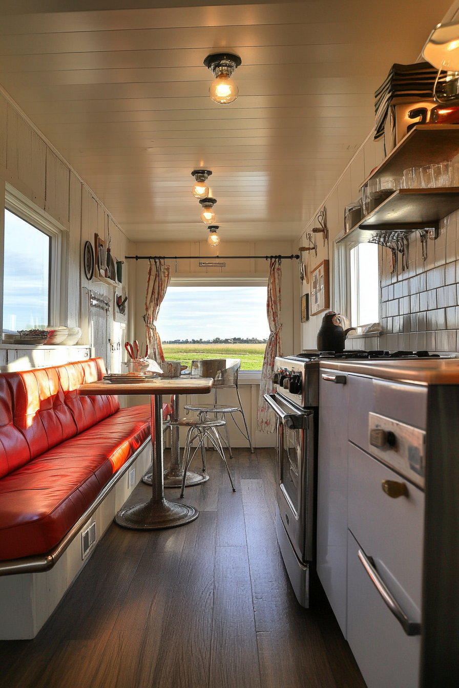 Wide angle kitchen view. Classic Americana, chrome details, tiny house, booth seating.