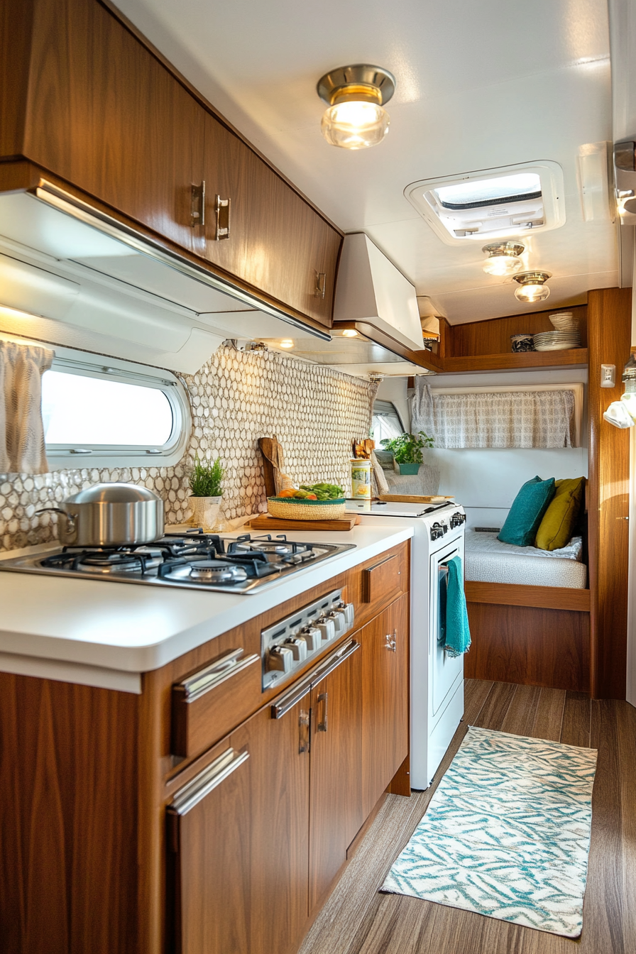 Wide angle view. Classic camper kitchen. Teak cabinets with white, retro-inspired hardware.