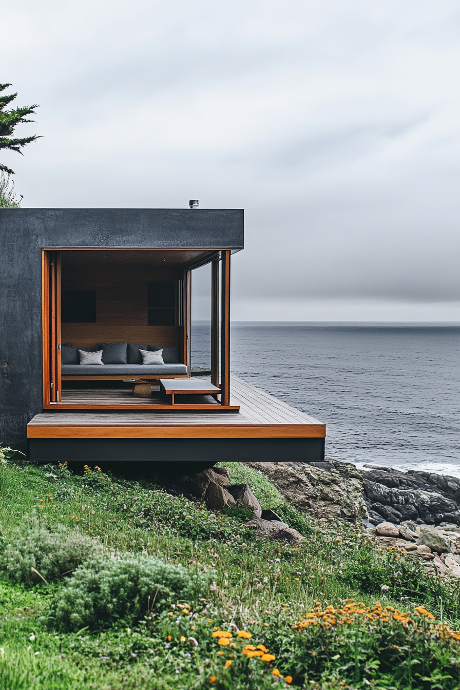 Wide angle view of tiny home. Sleek platform, built-in seating, clifftop, panoramic ocean view.