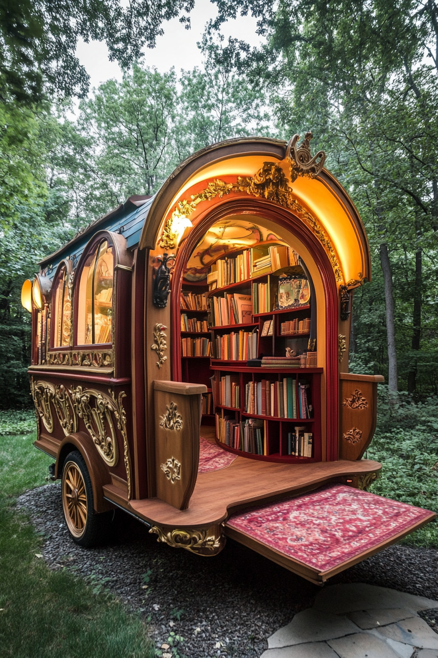 Wide angle view. Storybook-inspired mobile library with hidden reading nooks and fairy-tale detailings.