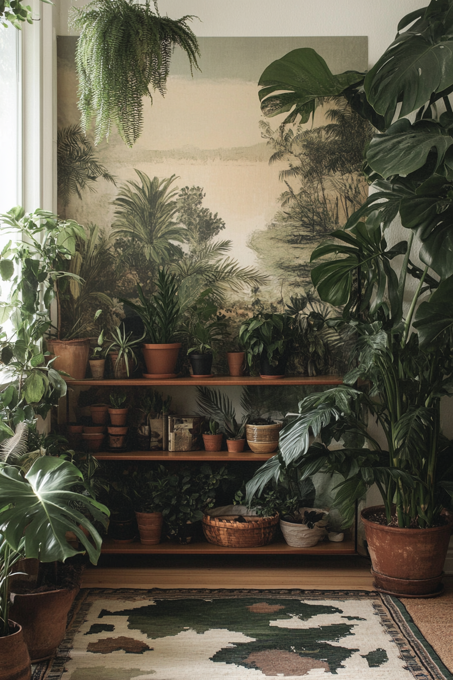 Baby room. Low shelves flanked with oversized plants, topographic rug, nature-inspired print on wall.