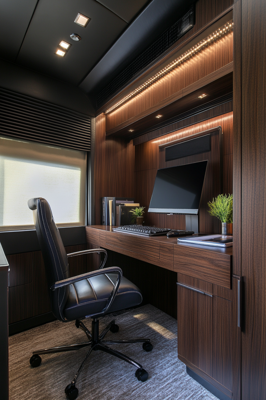 Wide-angle view. Walnut desk in upscale leather-appointed mobile office.