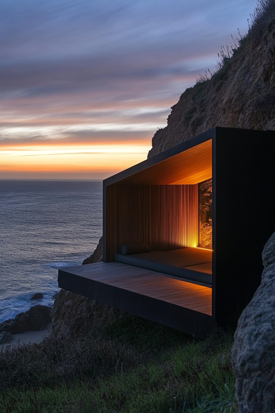 Wide angle view. Sleek tiny home, cliff edge, built-in seating, panoramic ocean view.