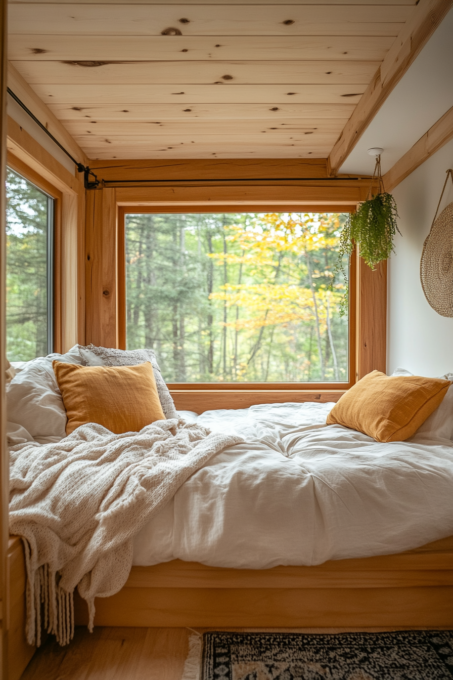 Natural tiny house bedroom. Wide angle view, organic bedding, minimal wooden furnishings.