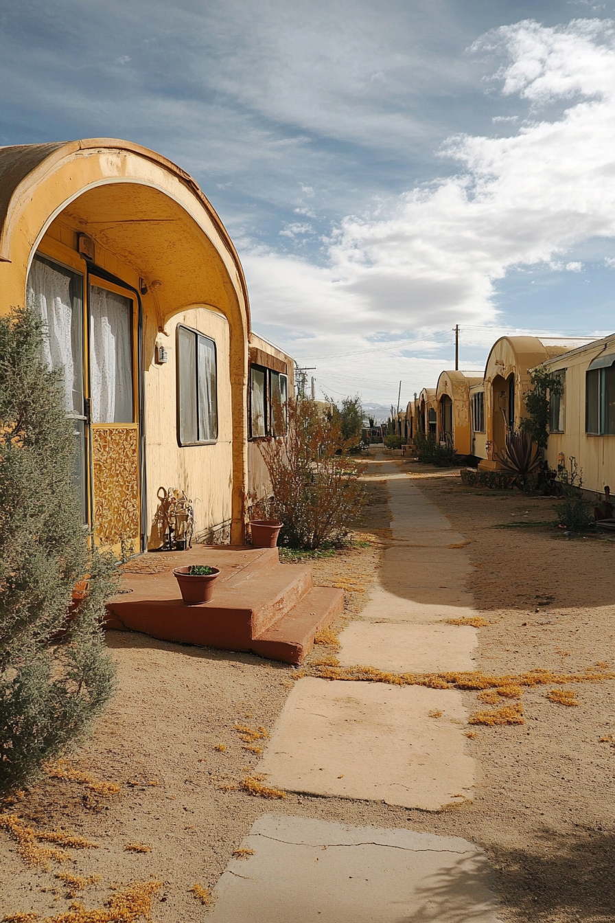 Wide angle view. Dark mobile home, arched details, terra cotta accents.